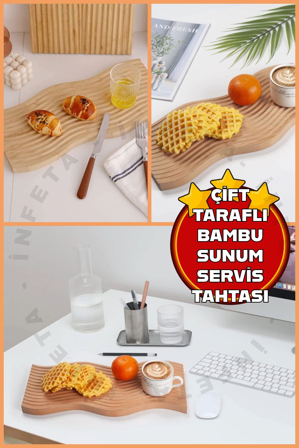 İnfeta 1 Adet Ahşap BambuDalgalı Sunum Tepsis...