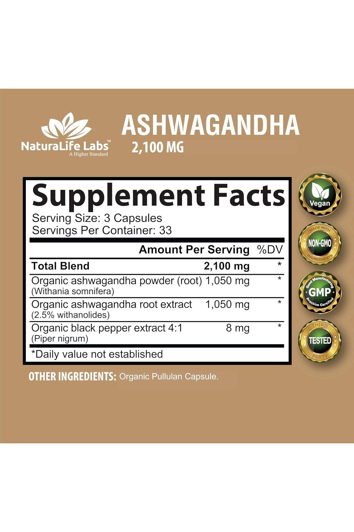 Naturelifelabs ORGANIC ASHWAGANDA 2100MG 100VEG CAPSULES