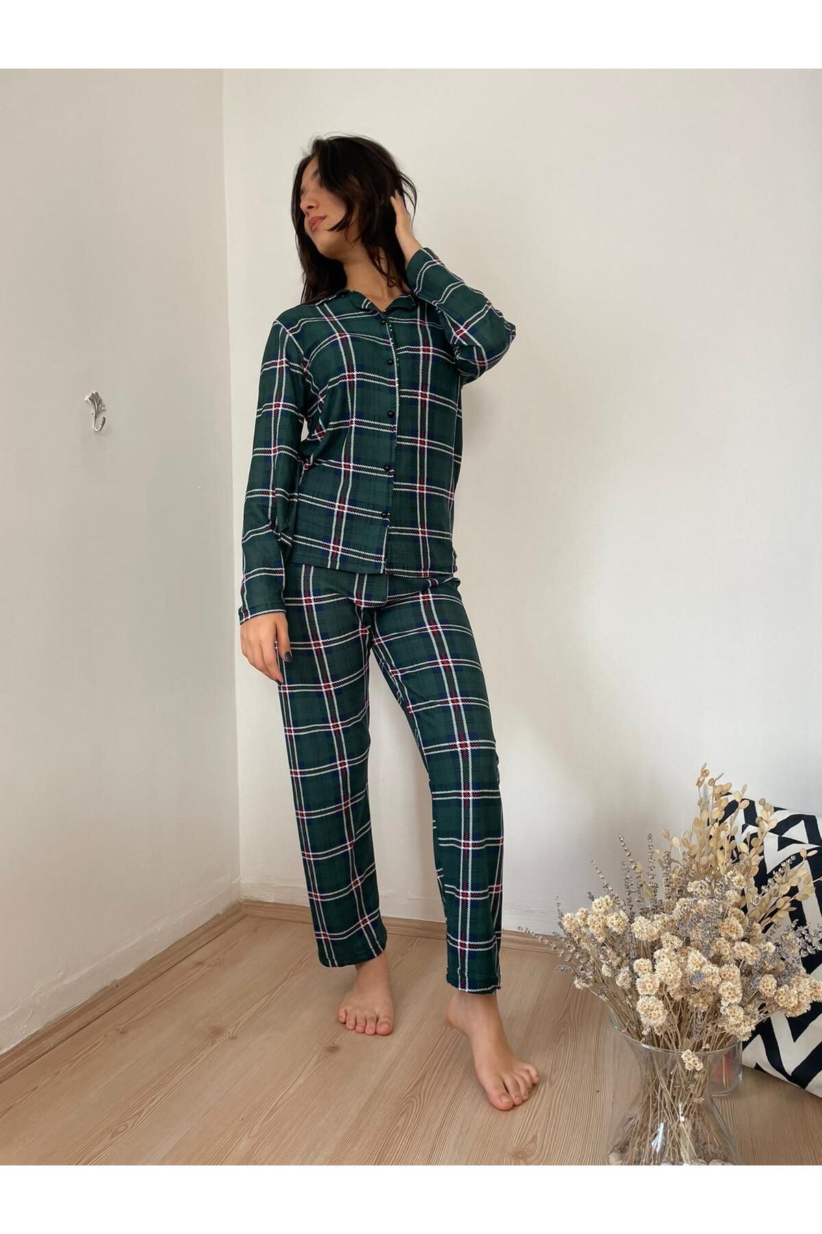 Yeşil Ekose Desenli Ceket Yaka Düğmeli Pijama Takımı - Pijamerry