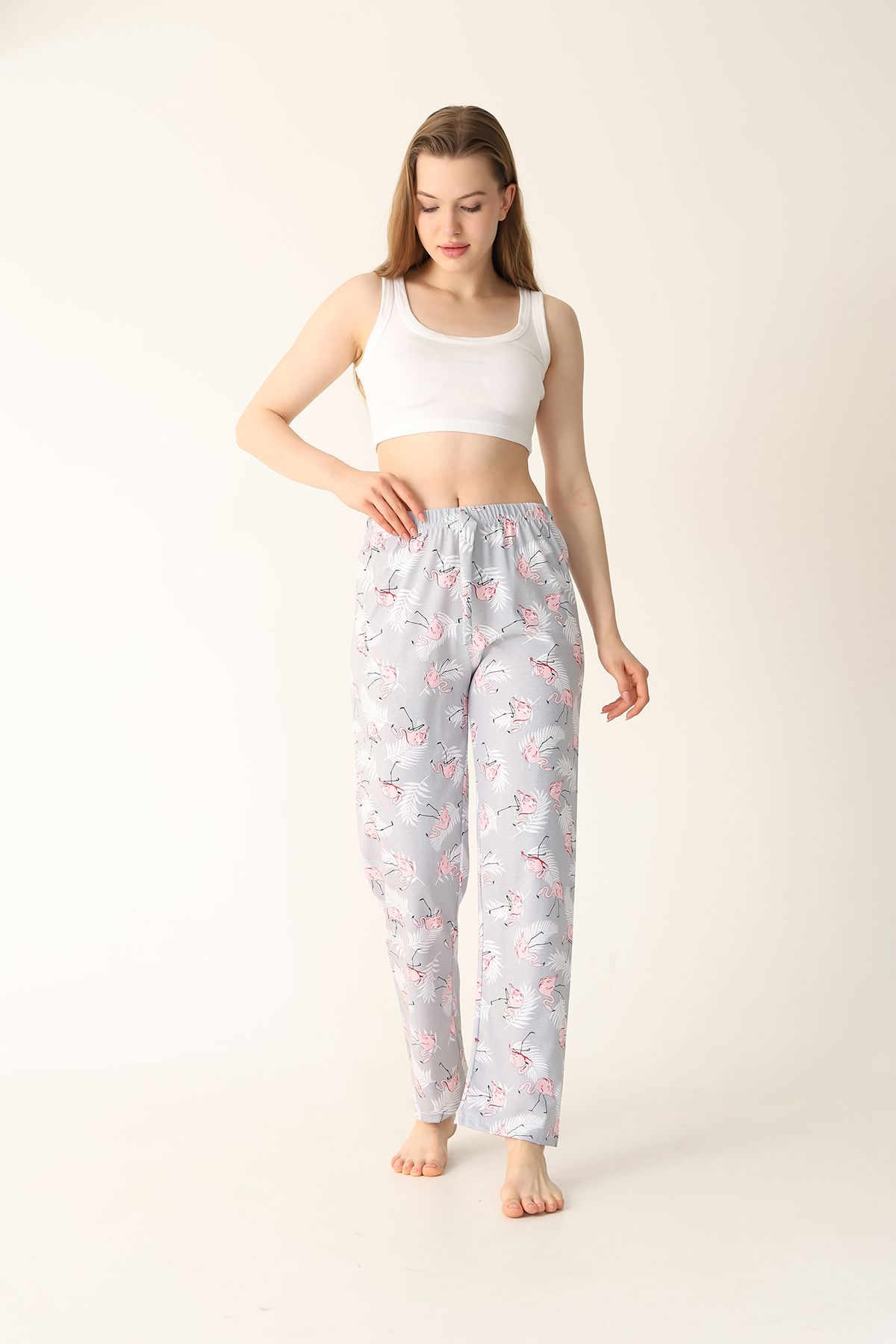 Kadın Flamingo Baskılı Pamuklu Yumuşak Pijama Altı