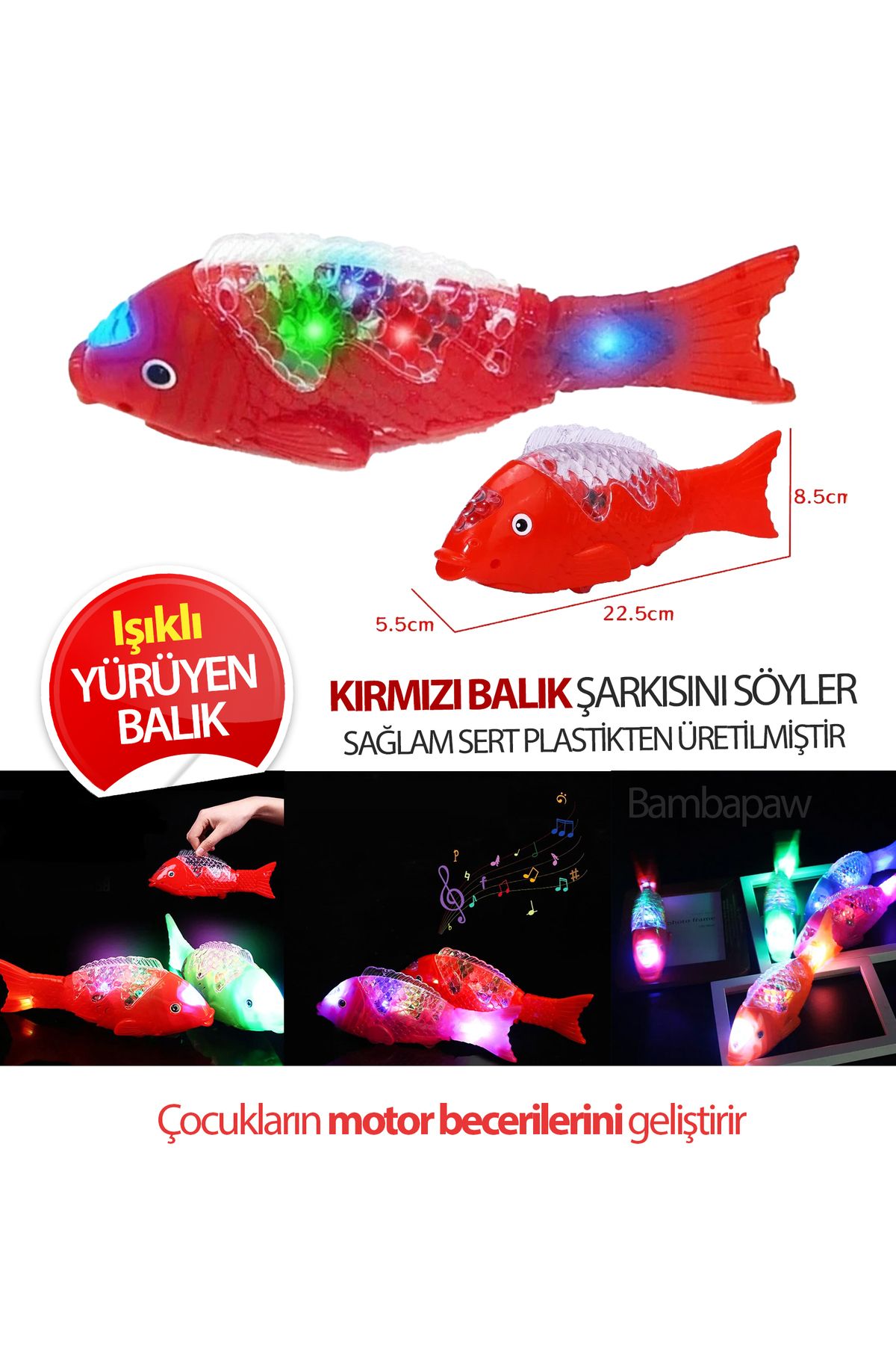 Kırmızı Balık Şarkılı Müzikli Işıklı Sesli Yürüyen Balık 23 Cm Pilli Oyuncak Balık 941ESERI