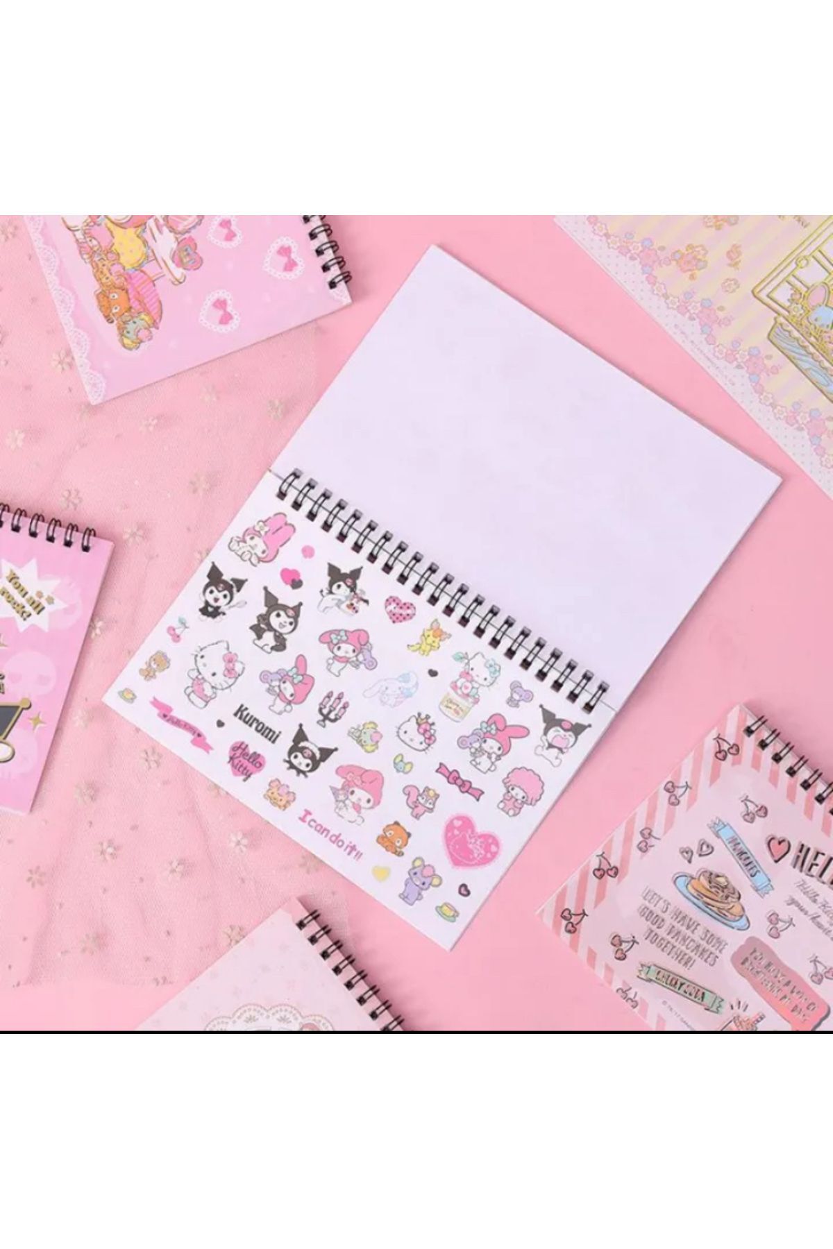 Sanrio Kuromi Cinnamoroll My Melody Etiket Sticker Spiralli Defter Seti 10 Sayfa 500adet