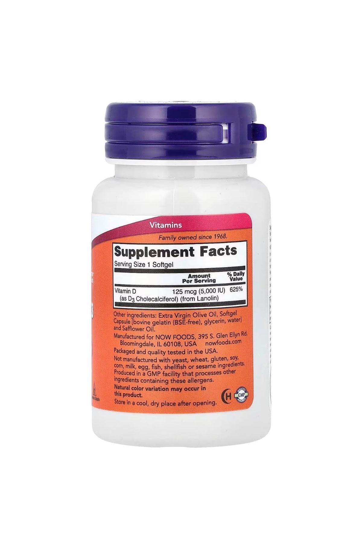 NOW Foods, Vitamin D-3, High Potency, 125 mcg (5,000 IU), 240 Softgels