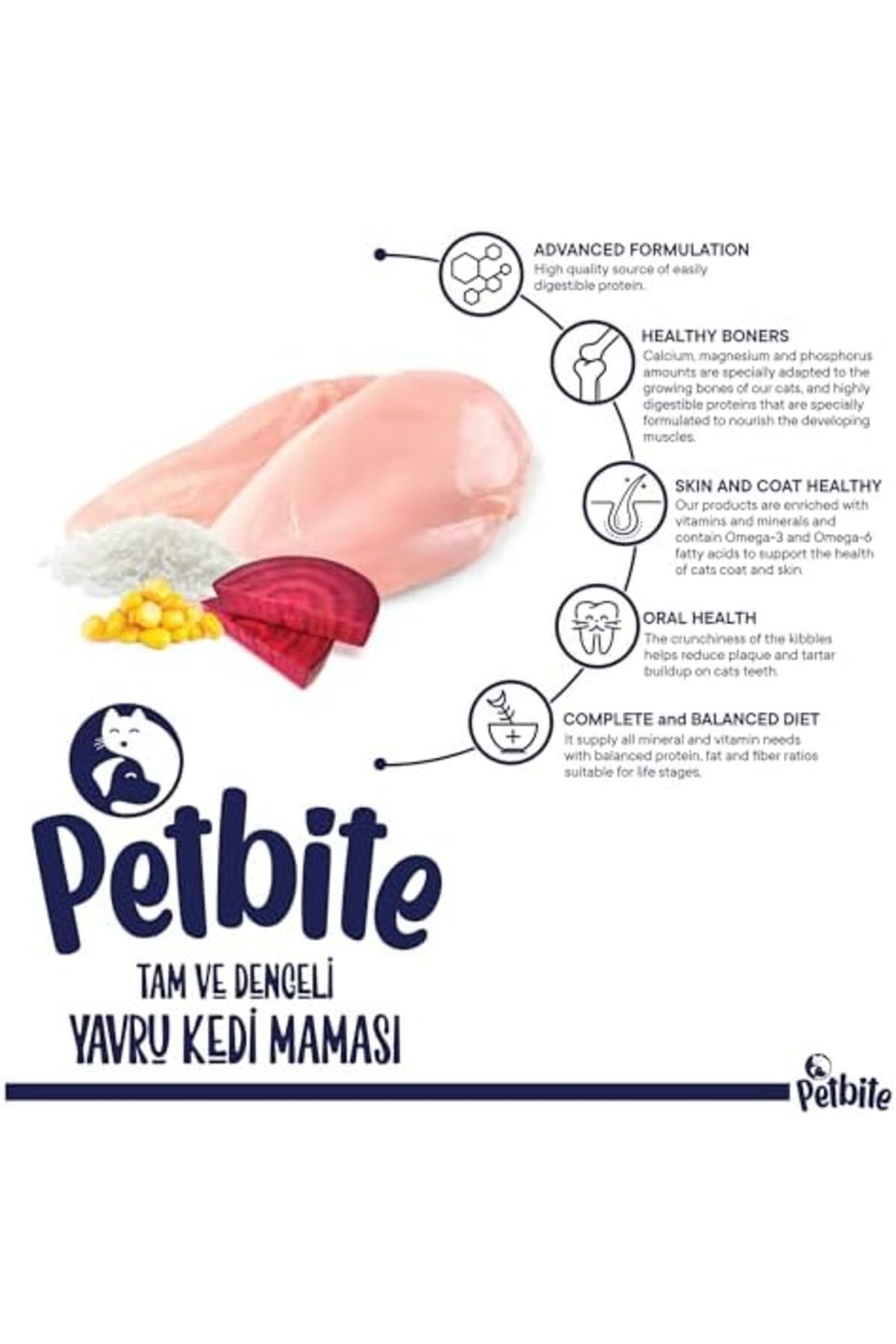 Petbite Yavru Kediler İçin Tavuk Etli Kuru Kedi Maması (1 Kg, Tavuk)