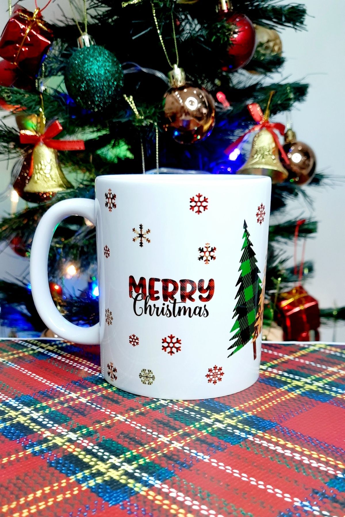 Yılbaşı 3'lü  Ekose Desen Geyik Deer  Joy Merry Christmas Hediye Kupa Bardak Noel Gift Mug