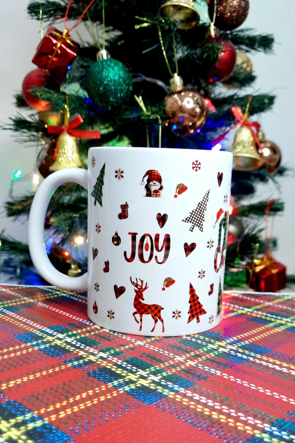 Yılbaşı 3'lü  Ekose Desen Geyik Deer  Joy Merry Christmas Hediye Kupa Bardak Noel Gift Mug