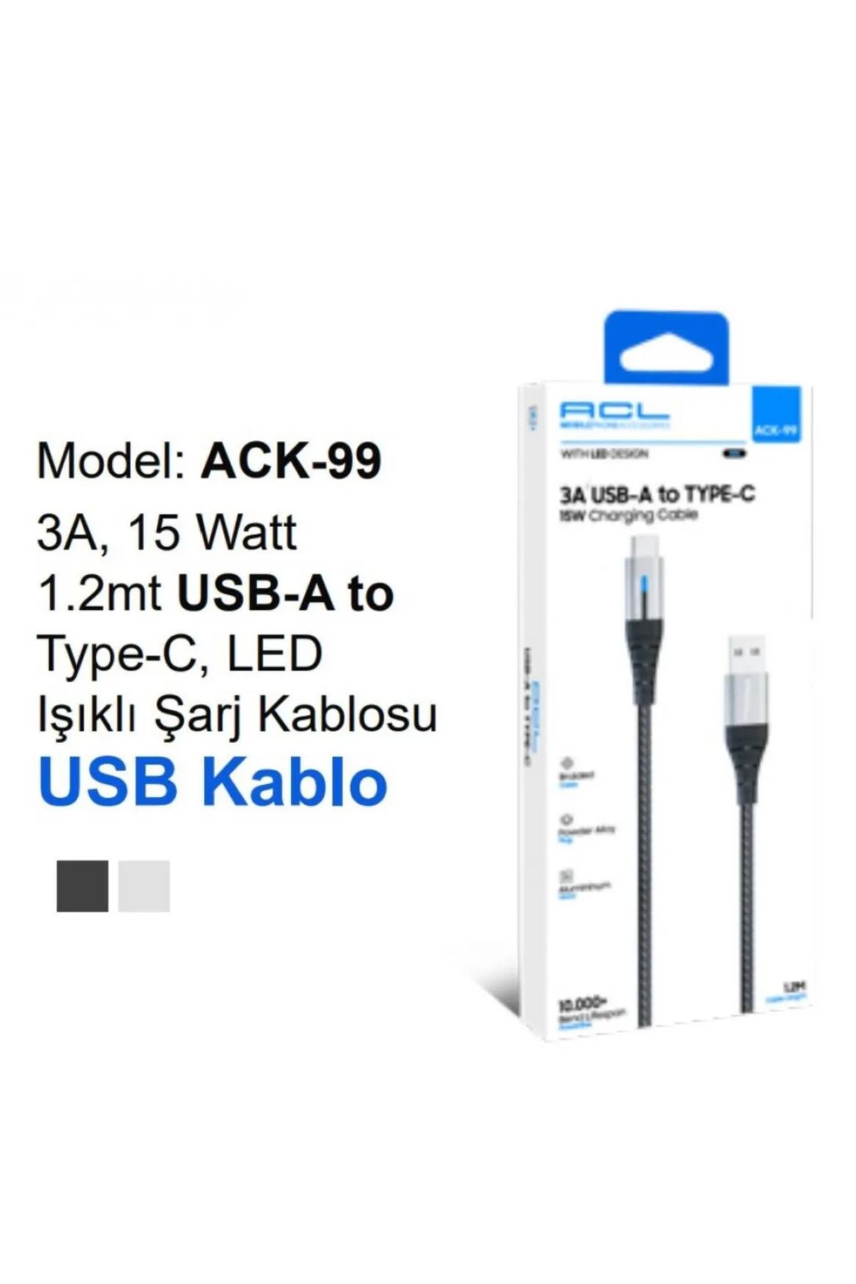 Ack-99 3a 15 Watt 1.2m Metre Usb To Type-c Led Işıklı Hızlı Şarj Örgülü Telefon Şarj Kablosuuyumlu