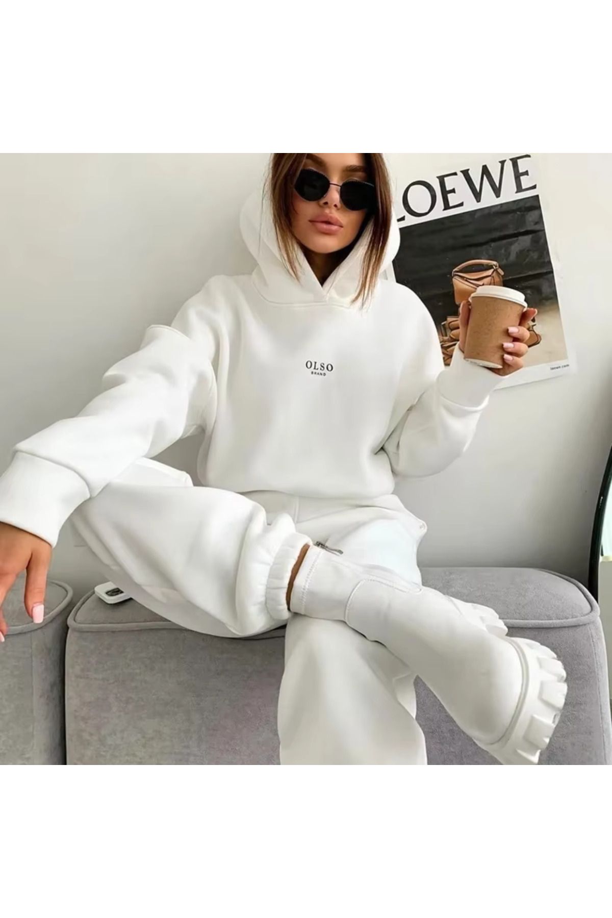 Kadın Beyaz Olso Brand Baskılı Oversize Kapşonlu Sweatshirt Eşofman Takımı