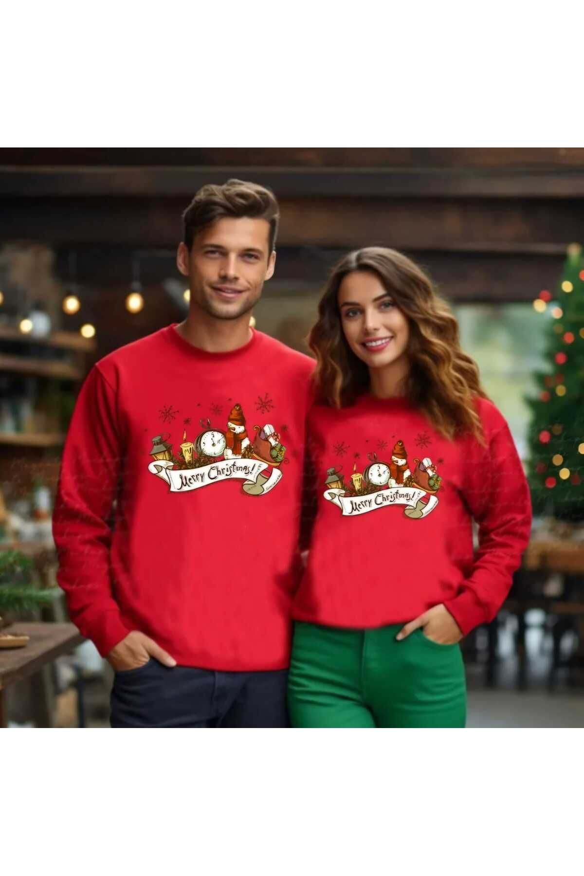 Christmas Yeni Yıl Yılbaşı Noel Çift Kombini Baskılı Bisiklet Yaka  Sweatshirt 2 Adettir.