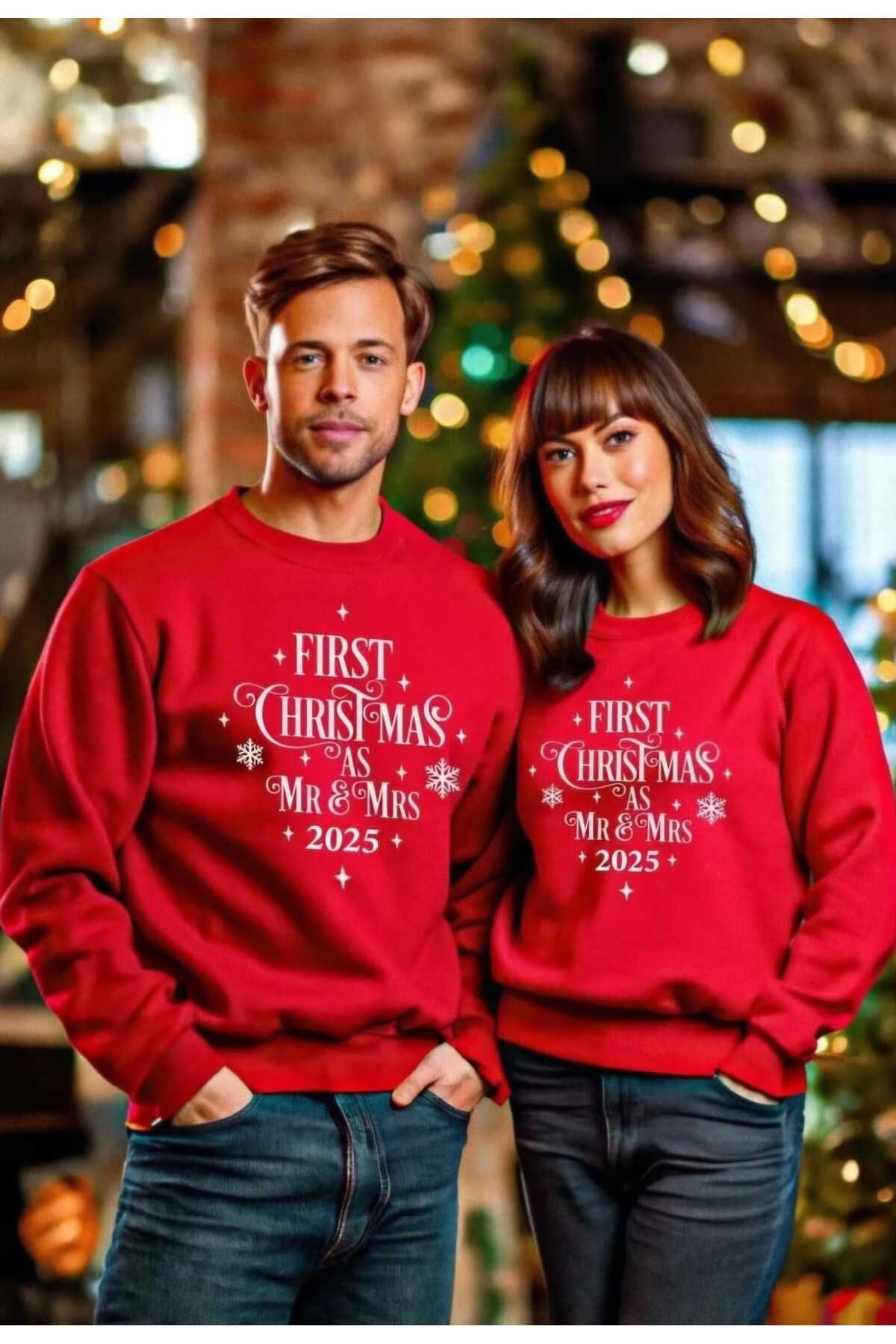 Christmas Yeni Yıl Yılbaşı Noel Çift Kombini Baskılı Bisiklet Yaka  Sweatshirt 2 Adettir.