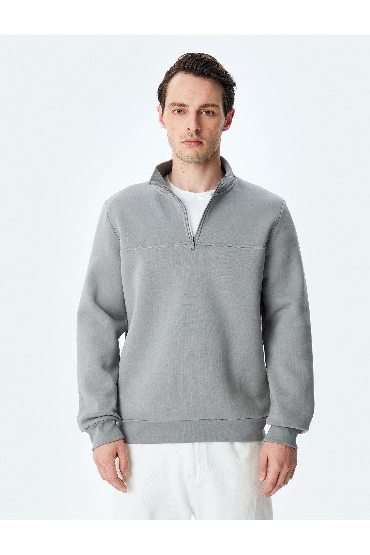 Uzun Kollu Pamuk Karışımlı Basic Yarım Fermuarlı Sweatshirt