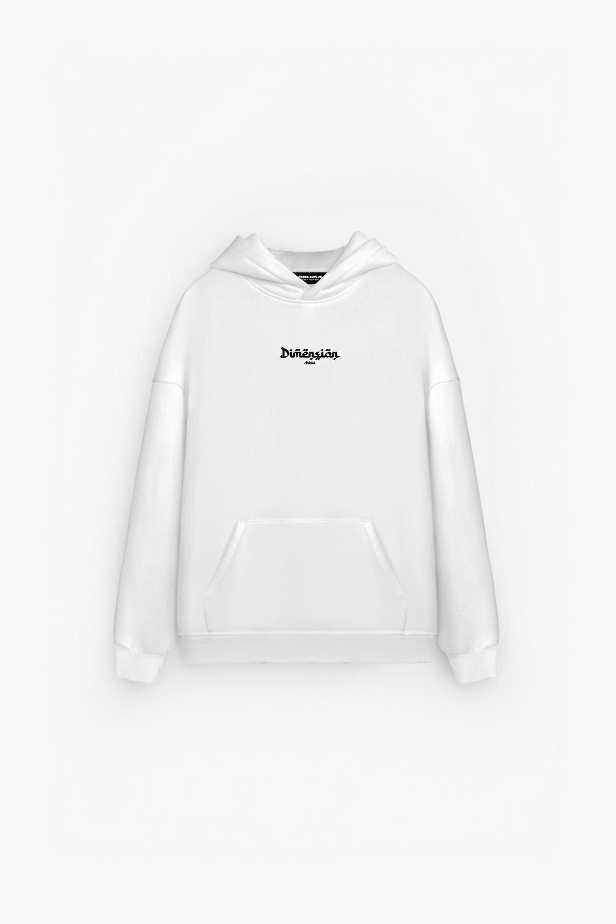 Erkek Oversize Dimension Baskılı Premium Kapüşonlu Sweatshirt Ekru Siyah