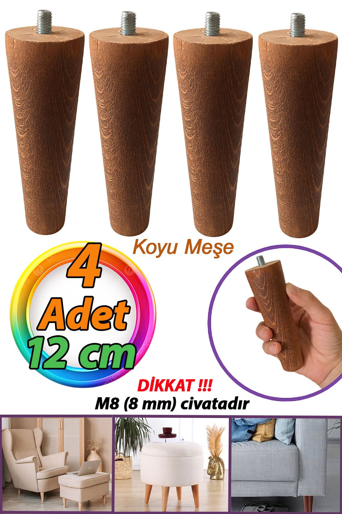 GLASWEN 4 Adet Ahşap AyakKoyu Meşe 12 Cm Dola...