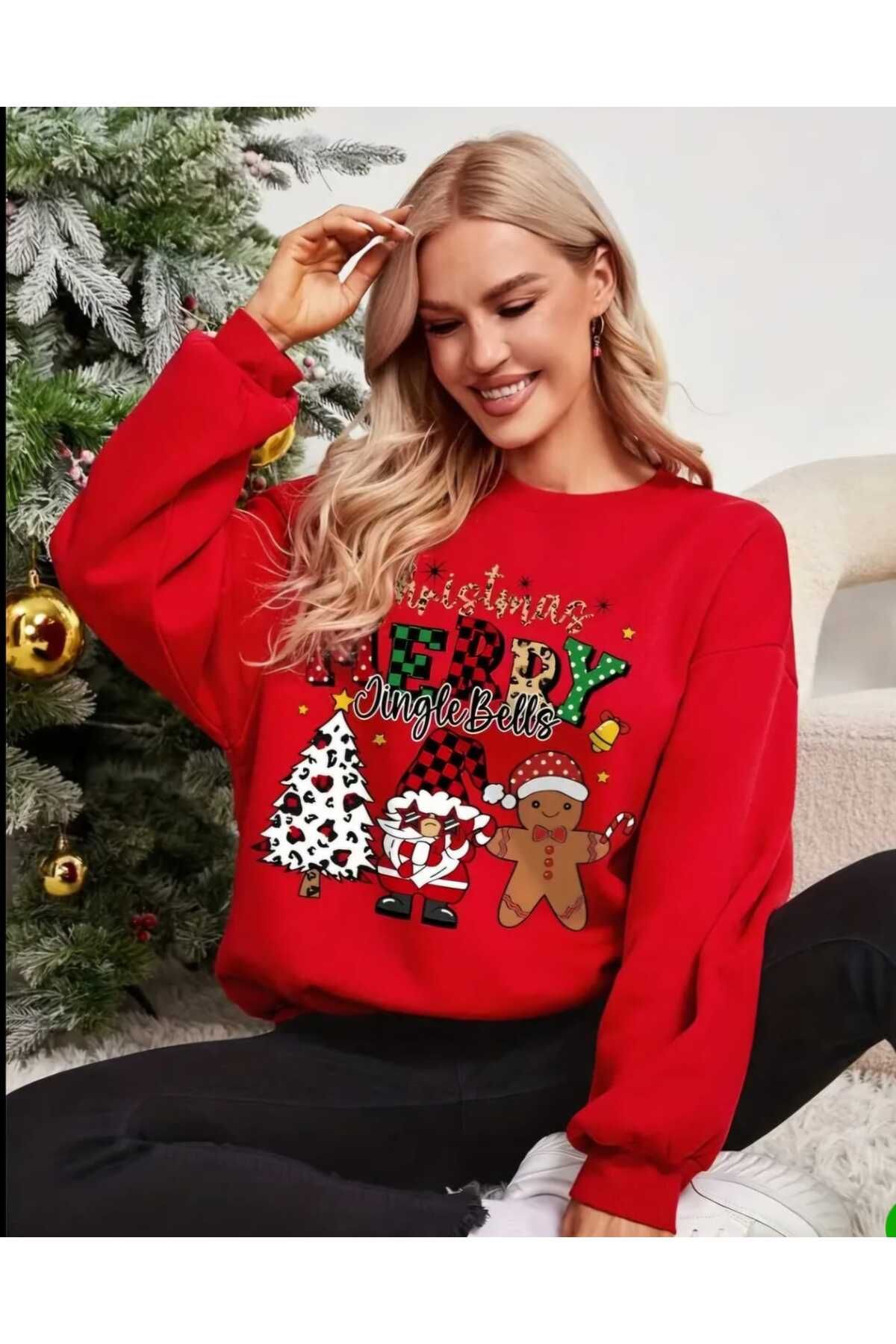 Kırmızı Yeni Yıl Konsept Yılbaşı Noel Baba Leopar Baskılı Bisiklet Yaka Oversize Sweatshirt Kadın