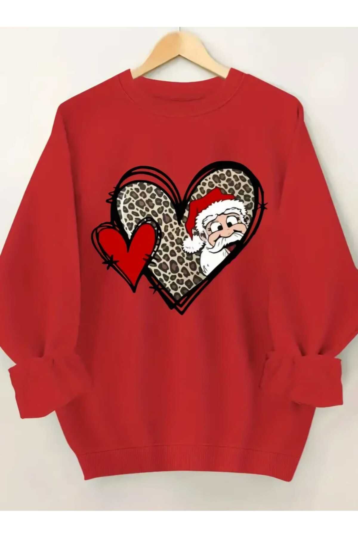 Kırmızı Yeni Yıl Konsept Yılbaşı Noel Baba Leopar Baskılı Bisiklet Yaka Oversize Sweatshirt Kadın