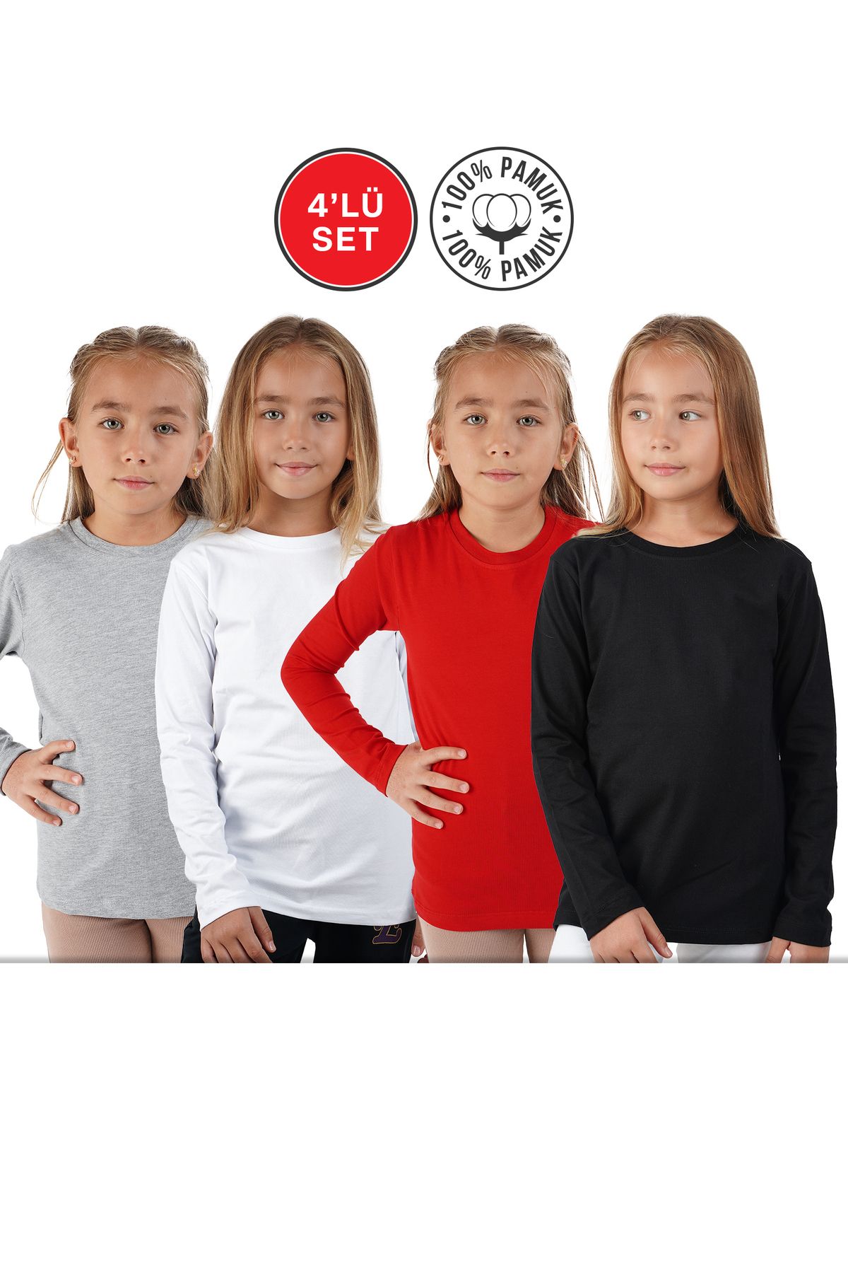 Siyah Beyaz Gri Kırmızı Basic Uzunkol Mevsimlik 4 lü Badi Tişört Unisex (Kız ve Erkek)