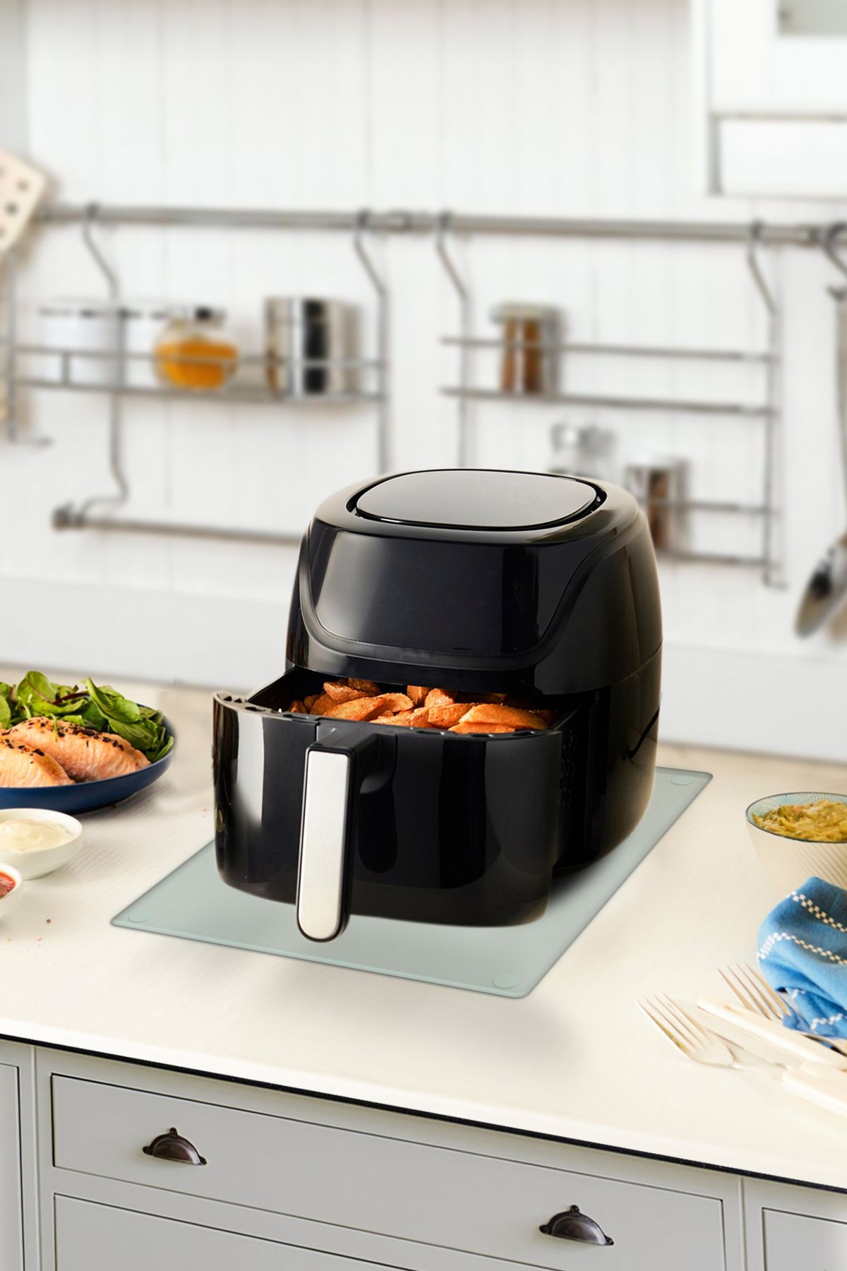 Cam Airfryer Altlığı | Airfryer Altı Isıya Dayanıklı Cam Stand | Saydam | 30cm x 40cm