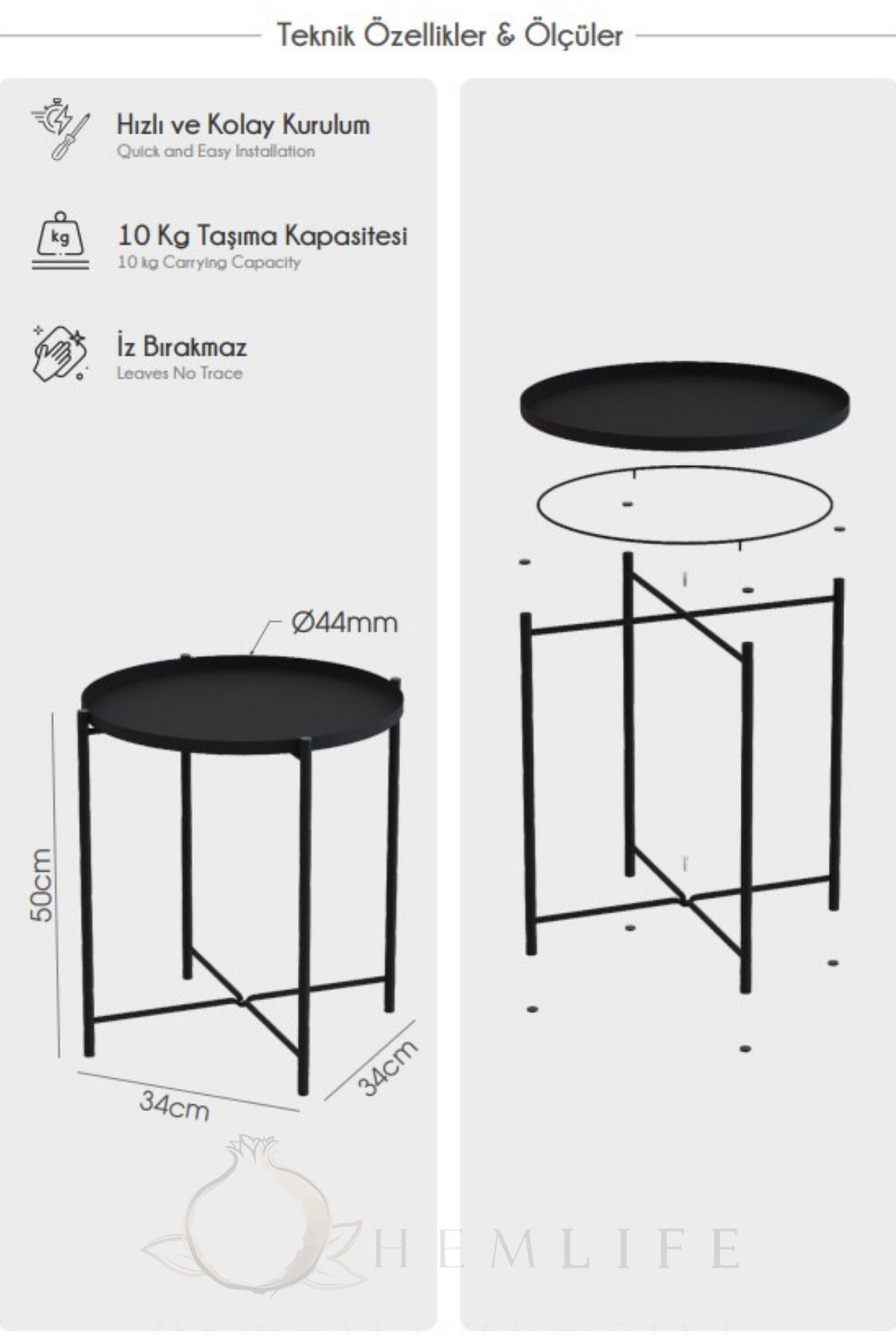 Tepsili Orta Yan Dekoratif Yuvarlak Sehpa Metal Ayak - Modern Sehpa 44 cm Tepsi