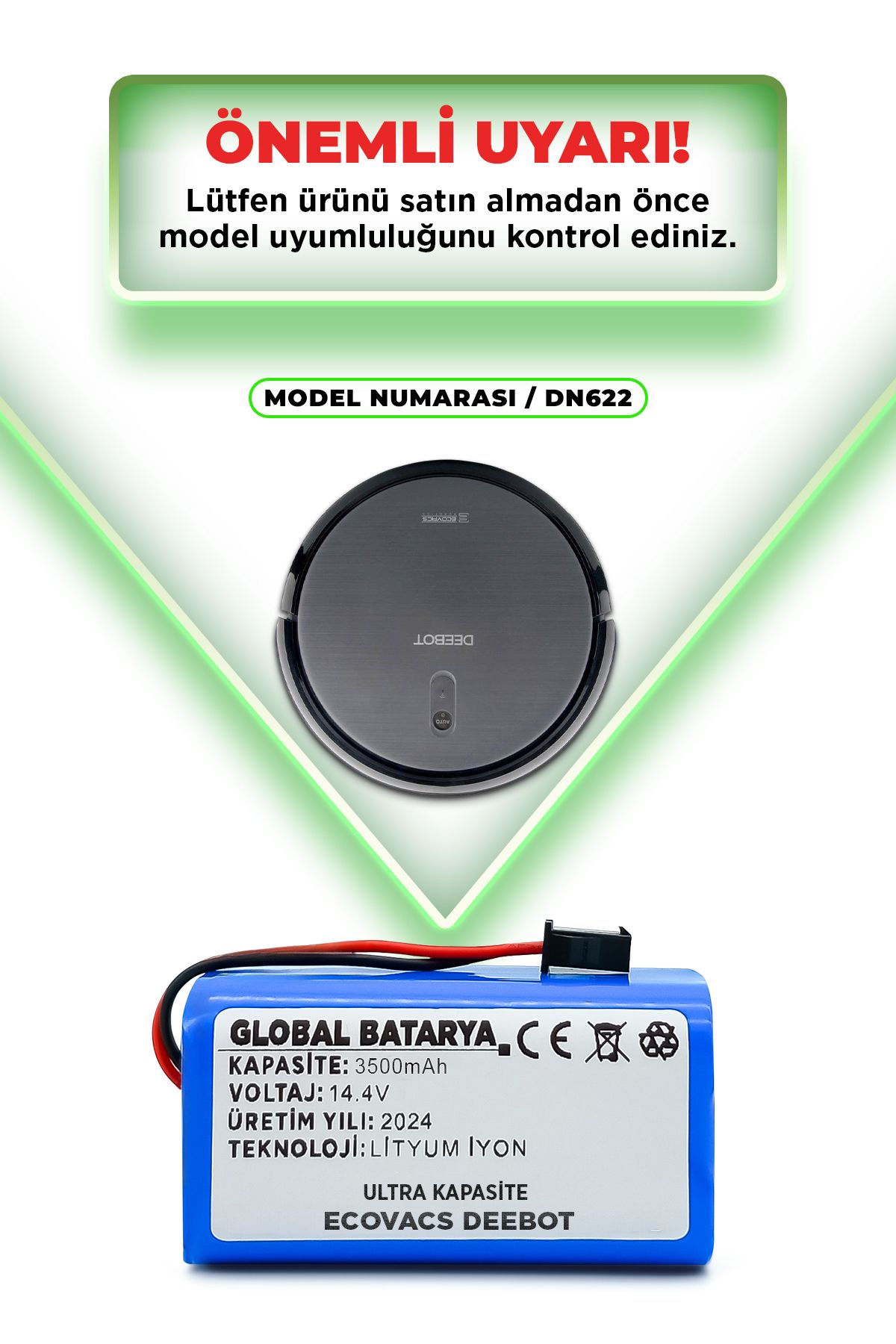 Ecovacs Deebot DN622 Uyumlu Akıllı Robot Süpürge Batarya 14.4v 3500mAh Li-ion Pil (ULTRA KAPASİTE)