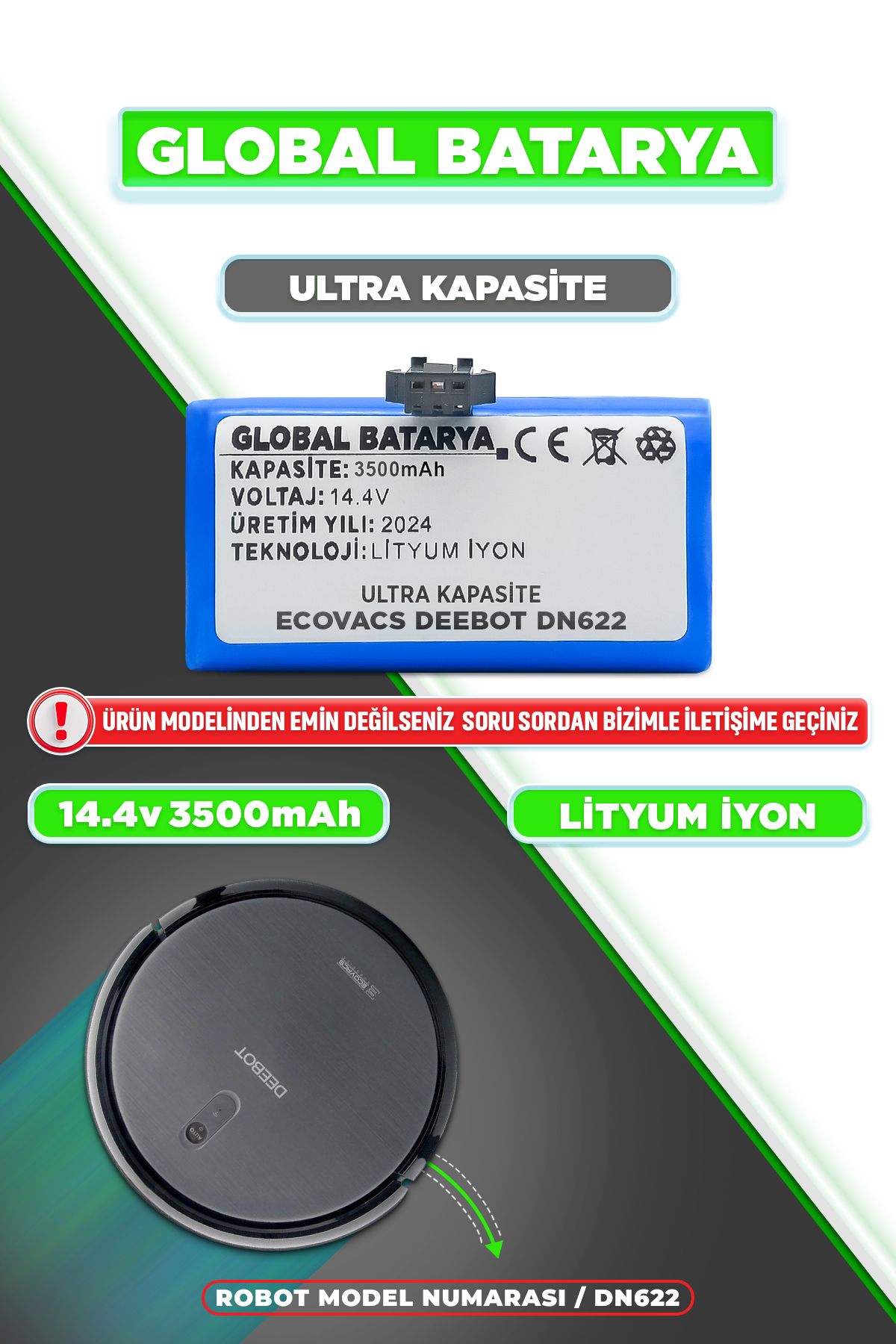 GLOBAL BATARYA Ecovacs DeebotDN622 Uyumlu Akı...