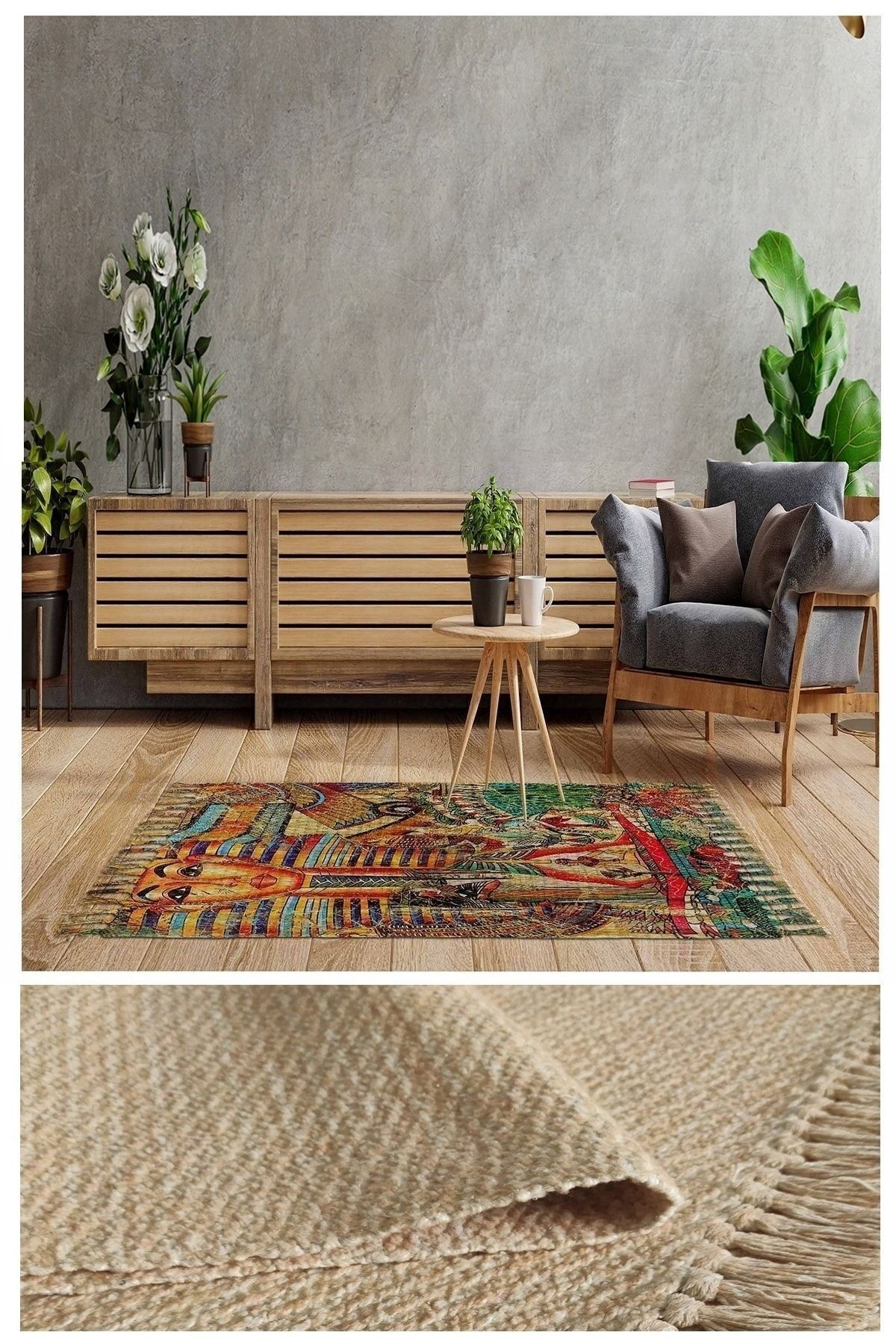 Else Casablanca Jüt Hasır Desenli Vintage Yıkanabilir Çift Taraflı Kara Tezgah Dokuma Kilim Css40