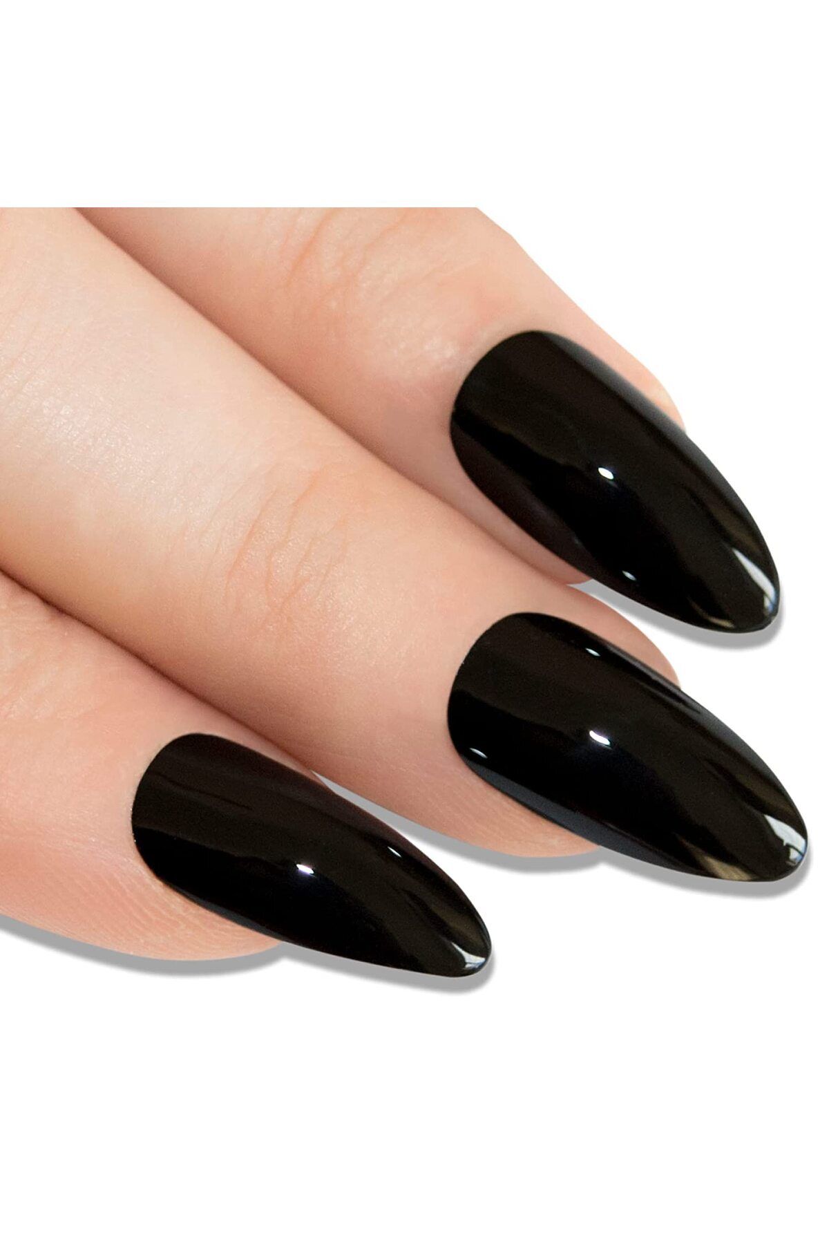 24'lü Siyah Takma Tırnak Lüks Parlak Uzun Oval Badem Stiletto Yapıştırıcılı Nail Art Fake Nails Set