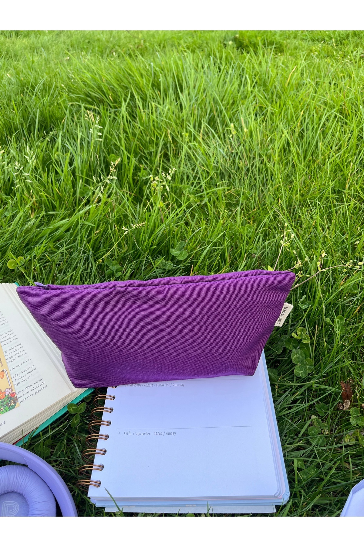 بنفش کتانی قابل شستشو زیپ دار تک محفظه پارچه ای جای قلم کیف کیف لوازم آرایش کیف لوازم آرایش