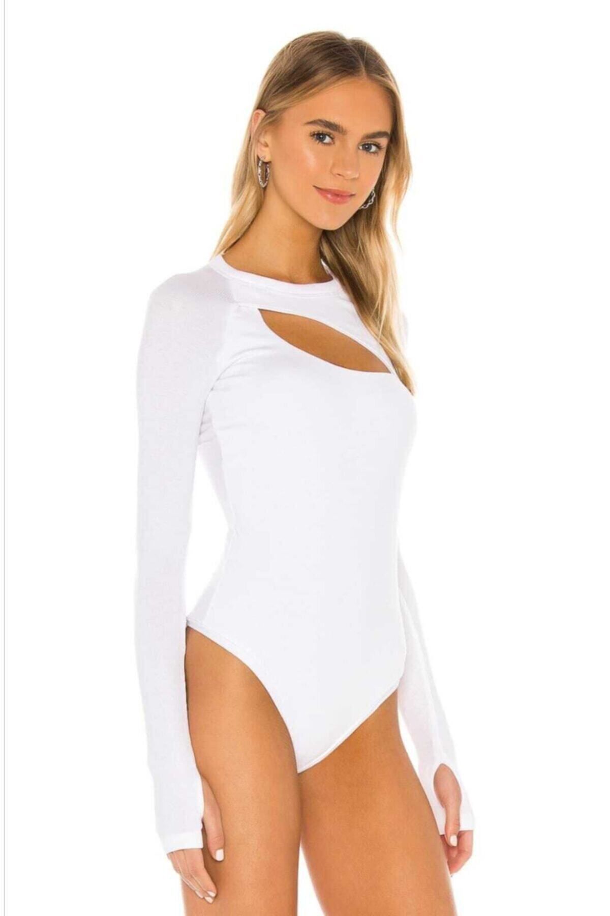 Kadın Bisiklet Yaka Parmak Geçmeli Ipek Jarse Bodysuit