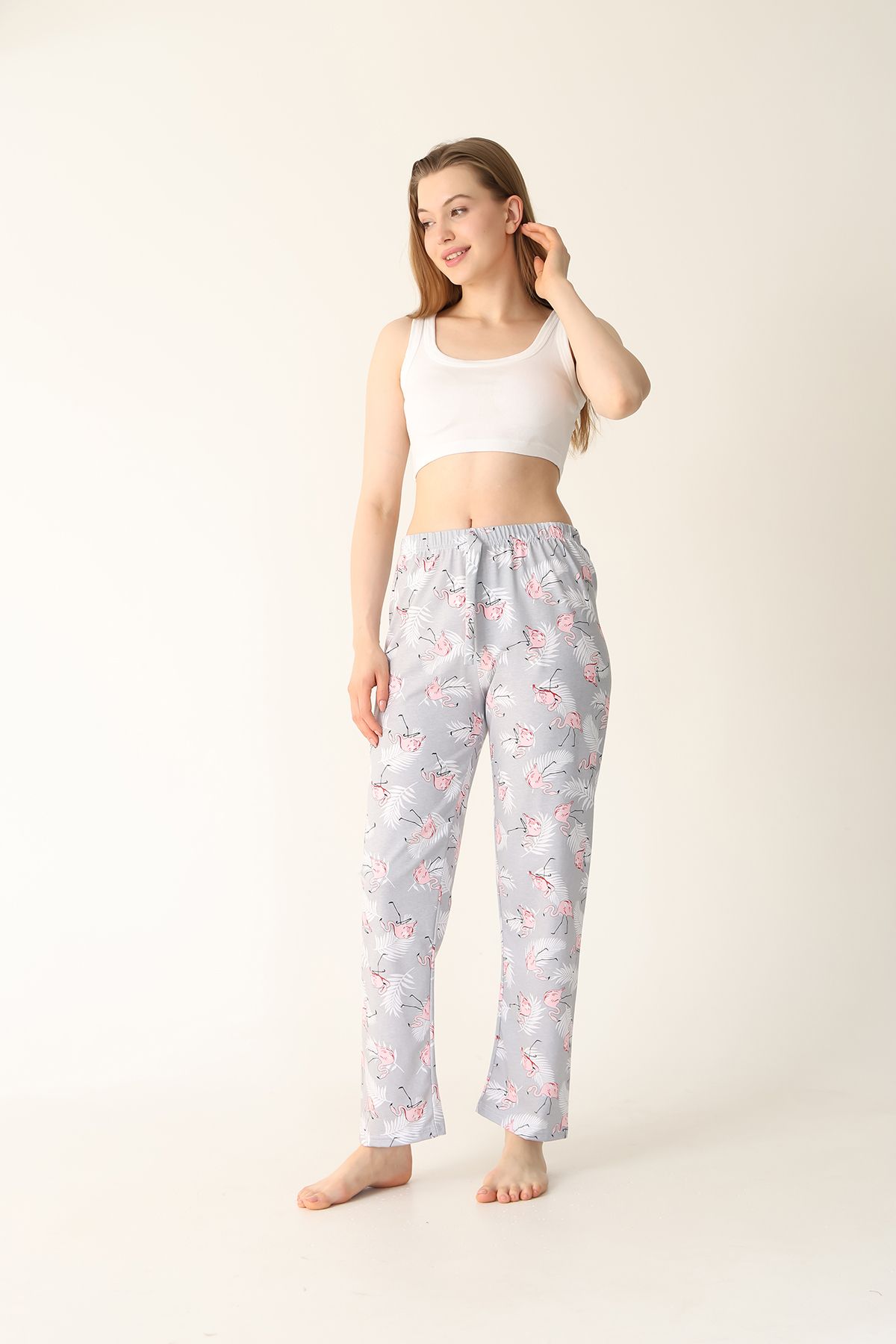 Kadın Flamingo Baskılı Pamuklu Yumuşak Pijama Altı