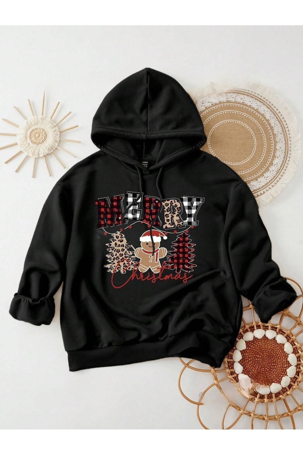 Kadın Siyah Yılbaşı Merry Christmas Kurabiye Baskılı 3 İplik Oversıze Hoodie Sweatshırt