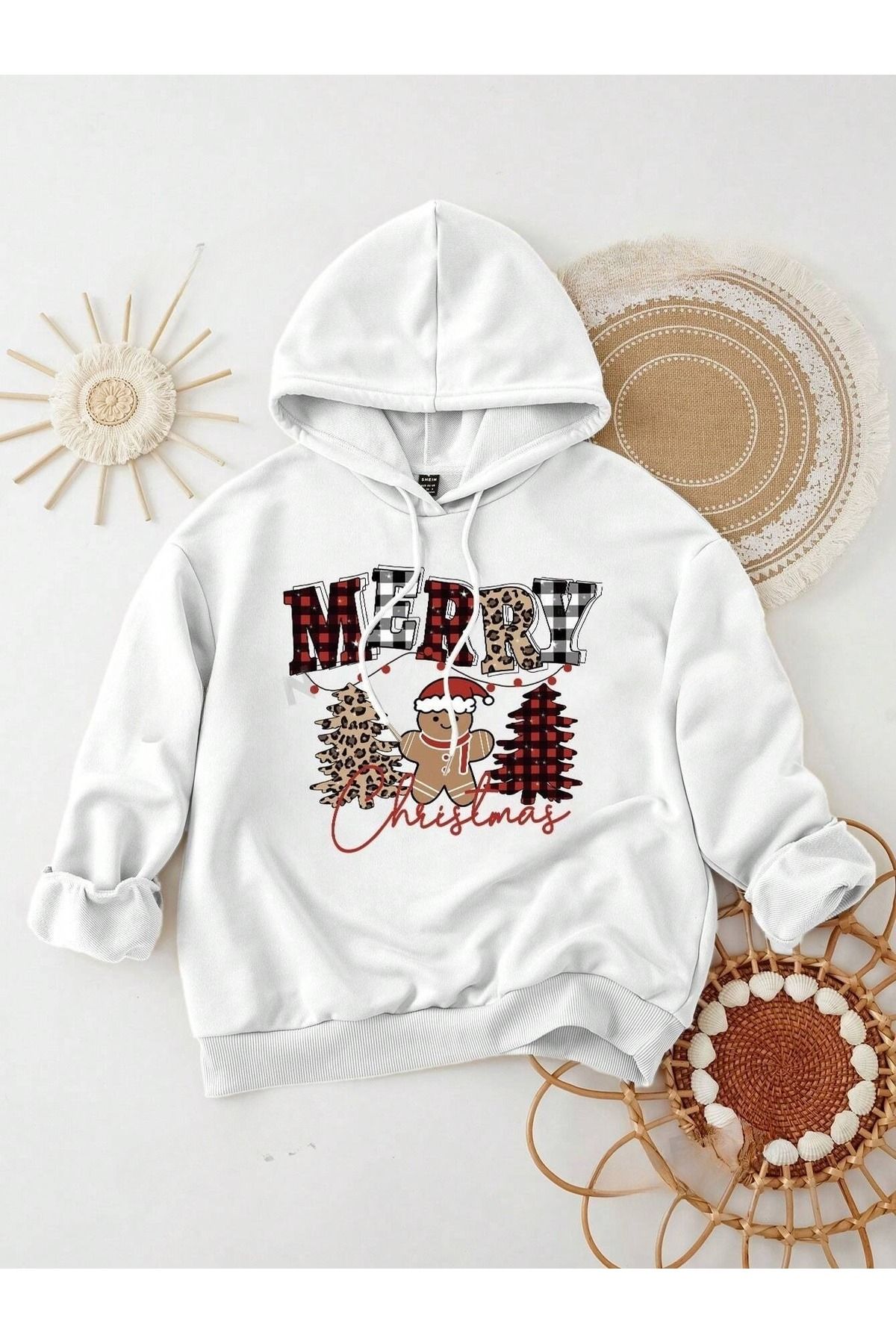 Kadın Beyaz Yılbaşı Merry Christmas Kurabiye Baskılı 3 İplik Oversıze Hoodie Sweatshırt