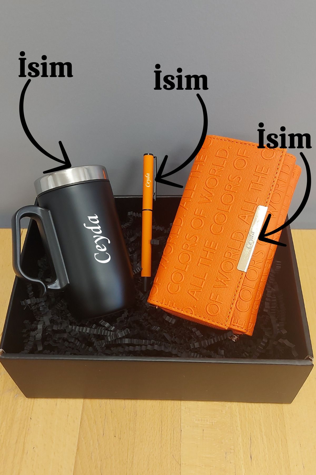 Kişiye Özel Siyah Renk Kulplu Çelik Termos Mug,Turuncu Renk Cüzdan Ve Kalem Hediye Seti