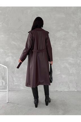 Kadın Bordo Kuşaklı Deri Ceket Deri Trençkot Image 3