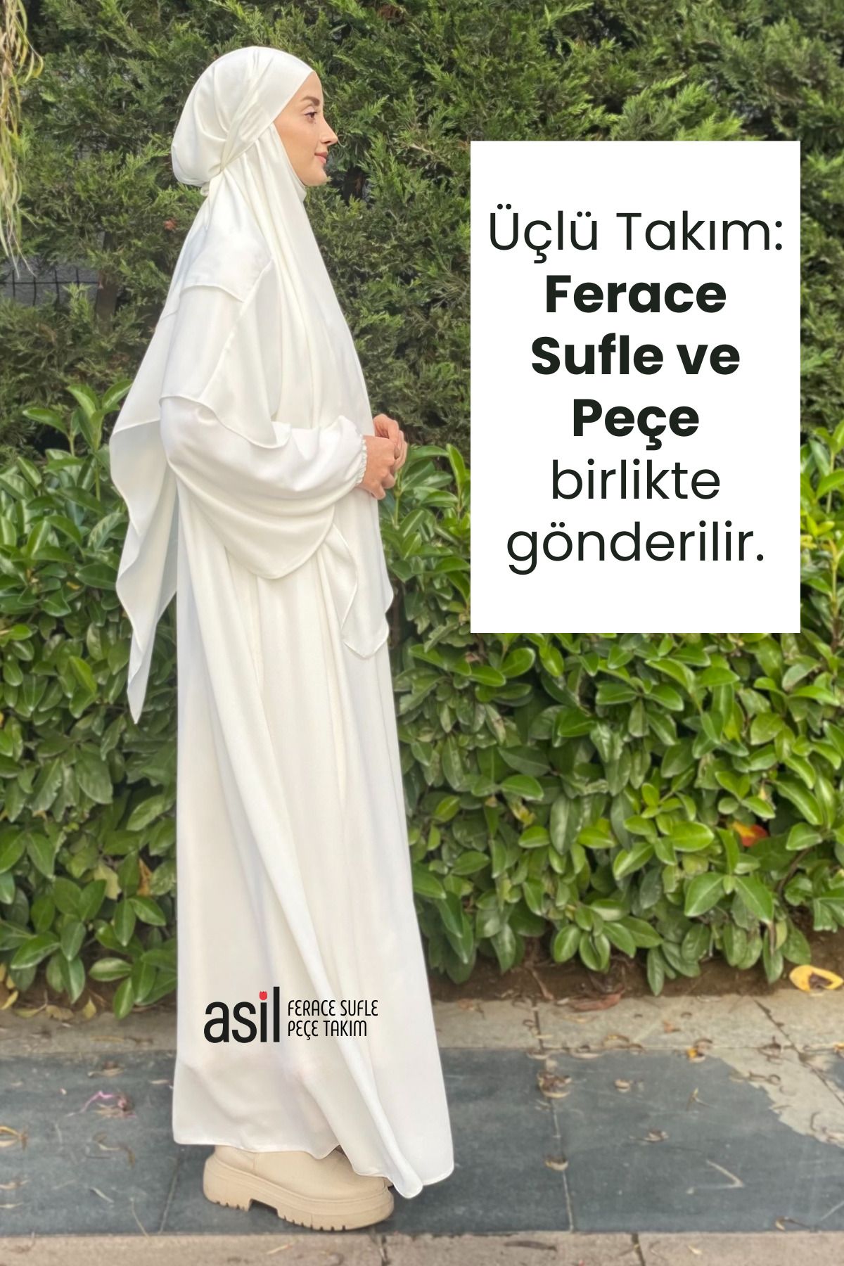 Asil Ferace Sufle Peçe Takım Ekru (UMRE VE HAC KIYAFETİ)