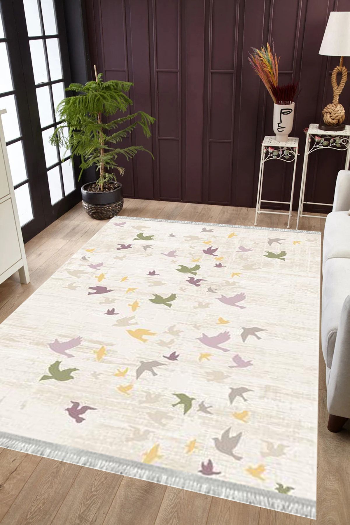 Kaymaz Tabanlı Yıkanabilir Antibakteriyel Dijital Baskı Floral Salon Halısı Yolluk Kilim