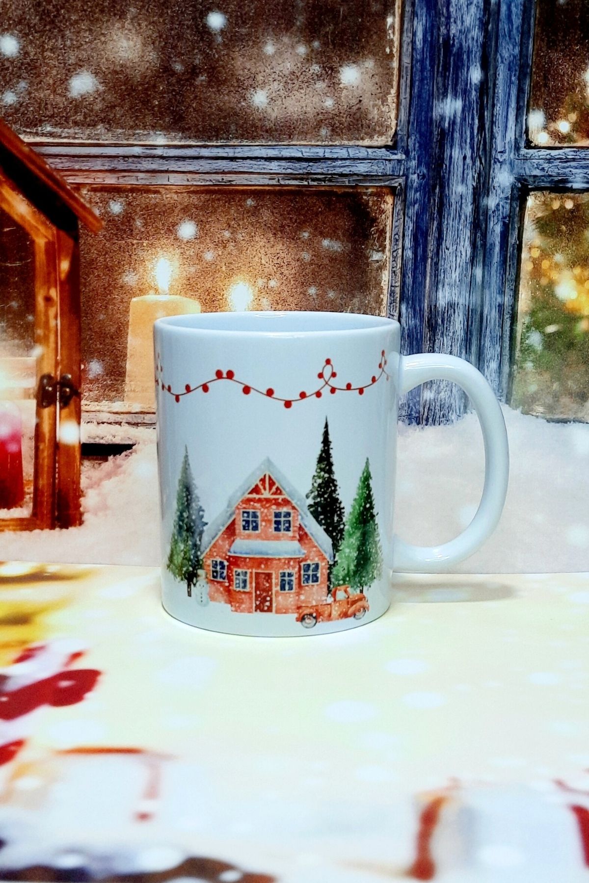 Yılbaşı 2'li Karlı Dağ Evleri  Baskılı Hediye Kupa Bardak Yeni Yıl Christmas Noel Gift Mugs