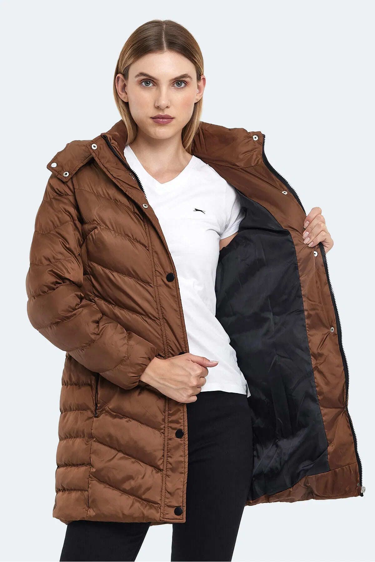 Gwen Jacket Kadın Uzun Şişme Parka Mont Kaban Taba