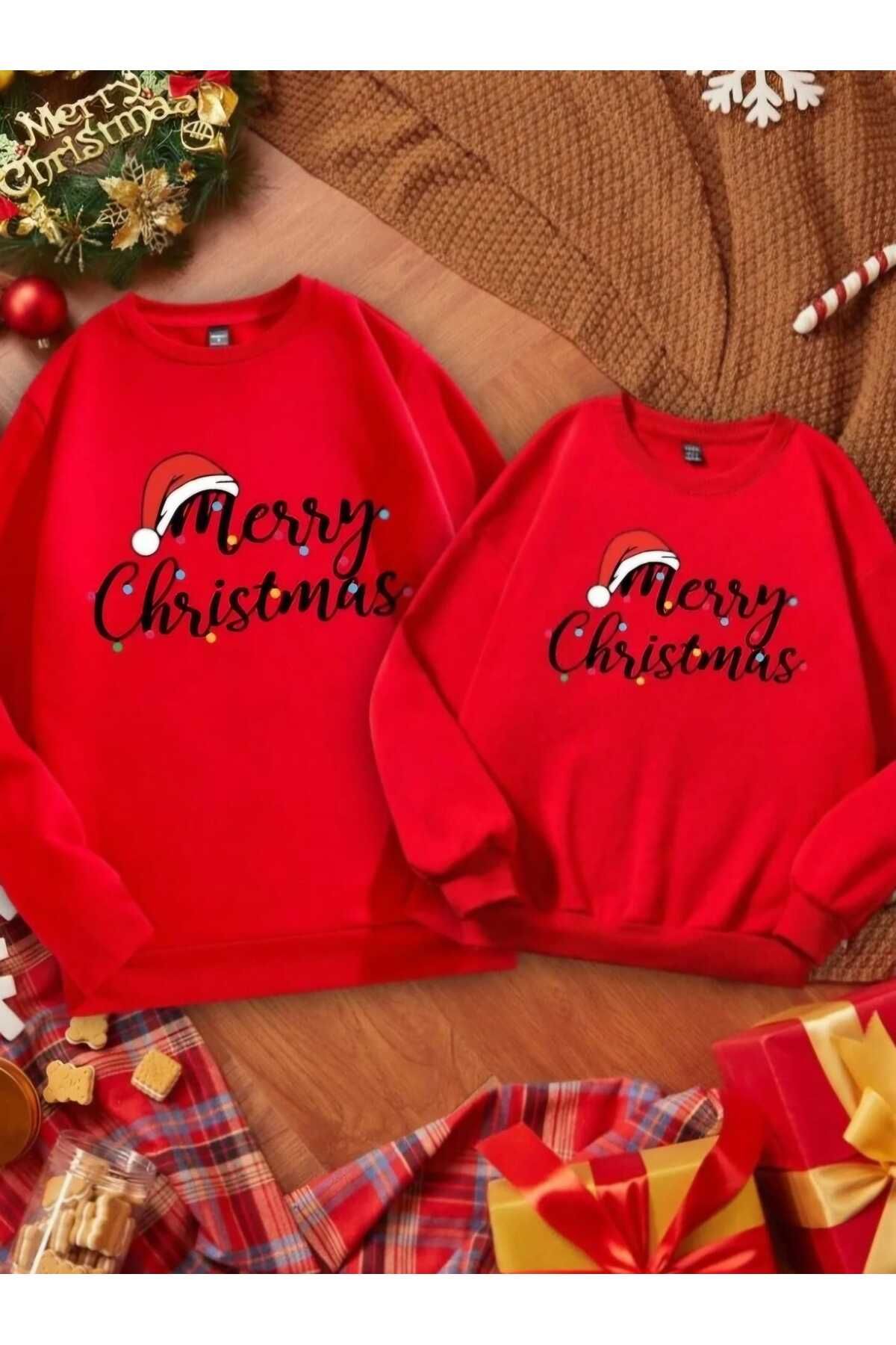 Christmas Yeni Yıl Yılbaşı Noel Çift Kombini Baskılı Bisiklet Yaka  Sweatshirt 2 Adettir.