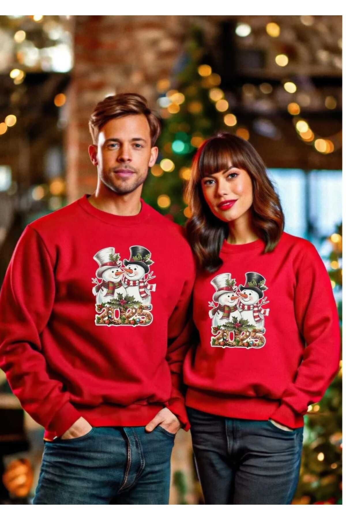 Christmas Yeni Yıl Yılbaşı Noel Çift Kombini Baskılı Bisiklet Yaka  Sweatshirt 2 Adettir.