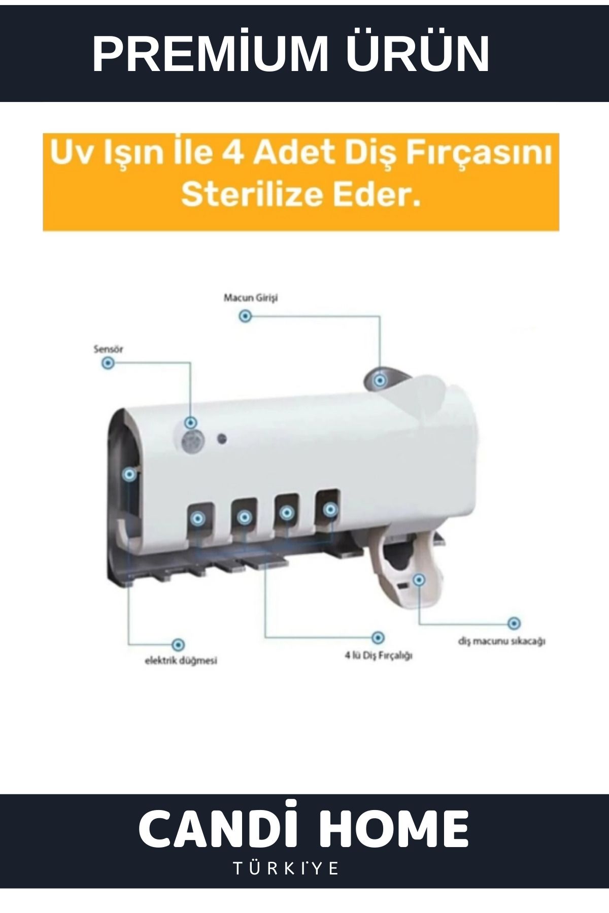 Trend Otomatik Diş Macun Sıkacağı Güneş Enerjili Usb Şarjlı  Sterilizatörlü 4 lü Fırçalığı Tutucu