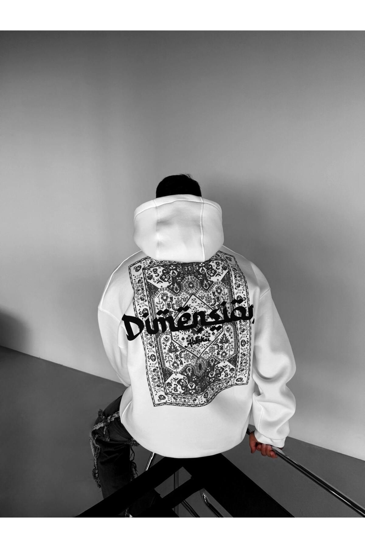 Erkek Oversize Dimension Baskılı Premium Kapüşonlu Sweatshirt Ekru Siyah