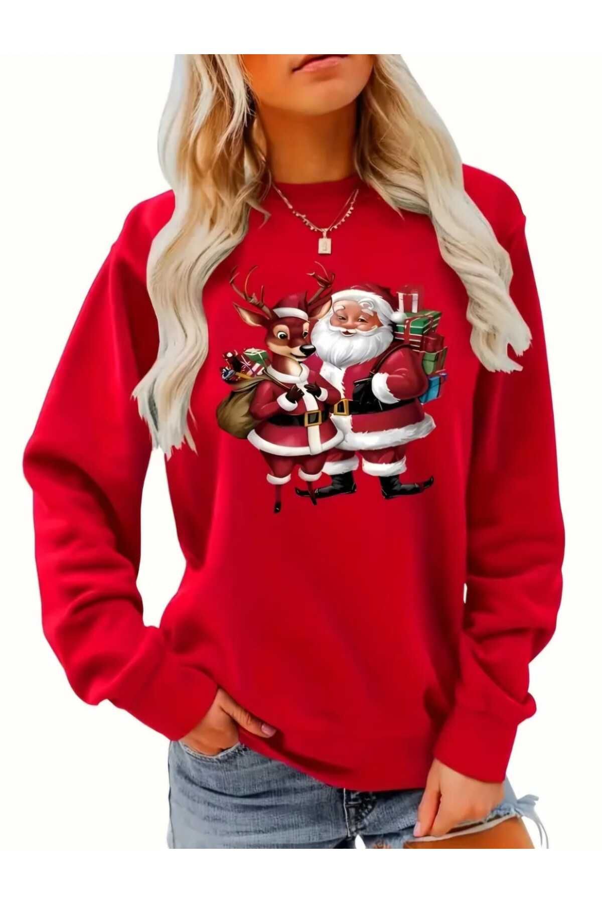 Kırmızı Yeni Yıl Konsept Yılbaşı Noel Baba Leopar Baskılı Bisiklet Yaka Oversize Sweatshirt Kadın