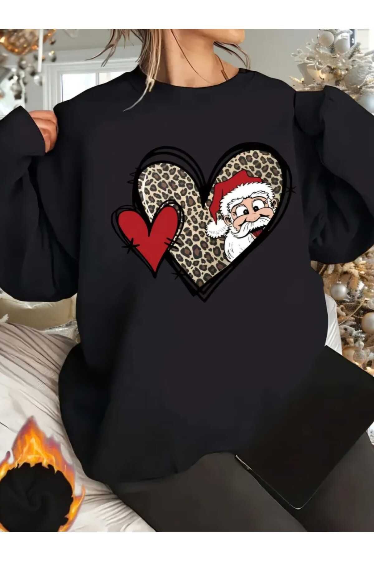 Kırmızı Yeni Yıl Konsept Yılbaşı Noel Baba Leopar Baskılı Bisiklet Yaka Oversize Sweatshirt Kadın