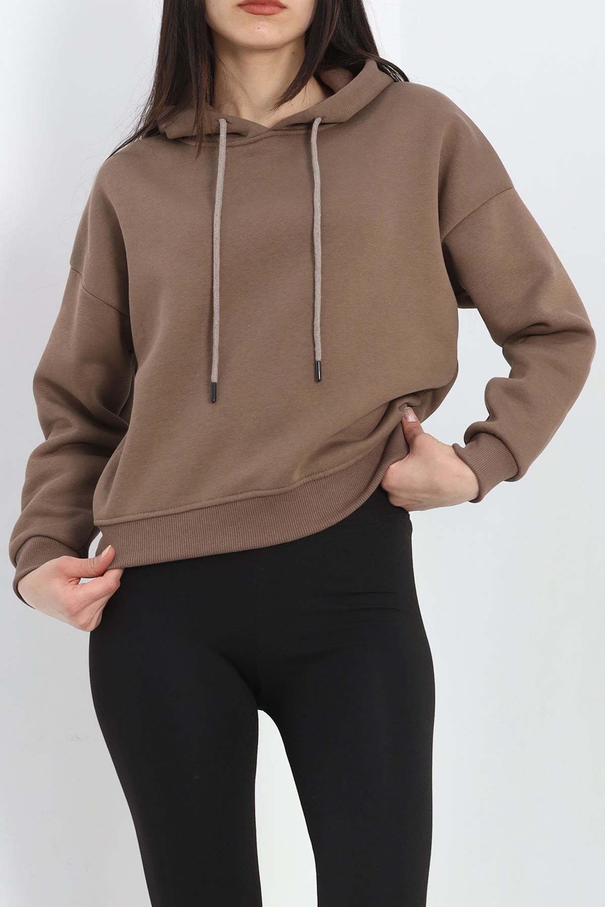 Kapşonlu 3 İplik Crop Sweat Açıkkahve