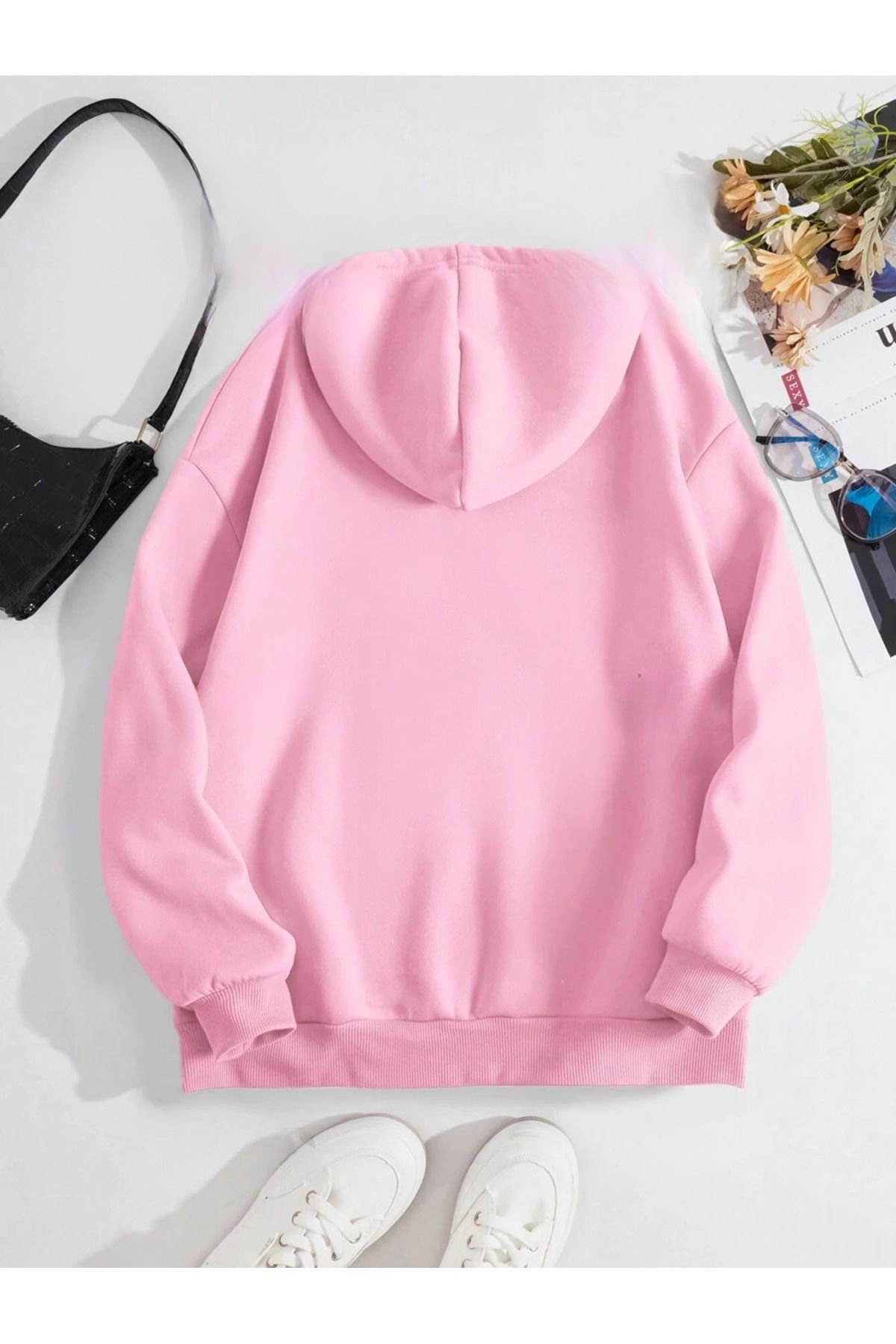 Kadın Pembe Olso Brand Baskılı Oversize Kapşonlu Sweatshirt