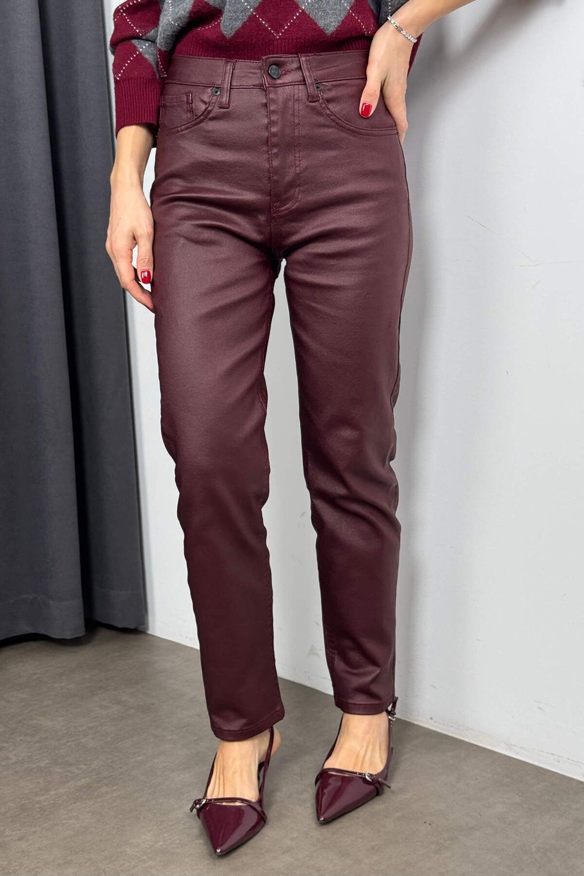 Bordo Mumlu Yüksek Bel Skinny Pantolon