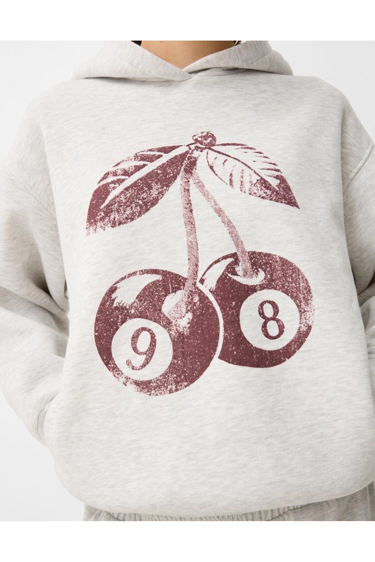 Gri  Unisex 98 Cherries Baskılı Main Charactery Enegy Only Yazılı Kapüşonlu Oversize Hoodie