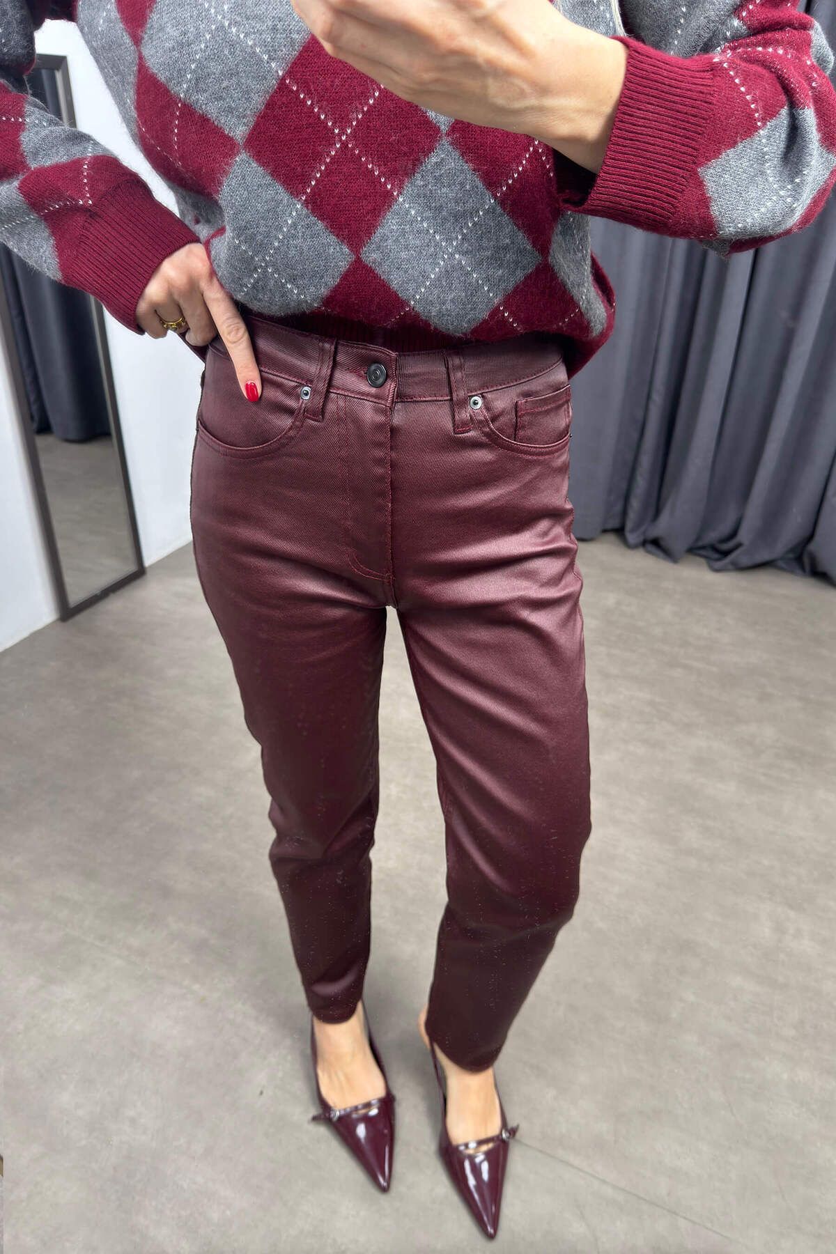 Bordo Mumlu Yüksek Bel Skinny Pantolon