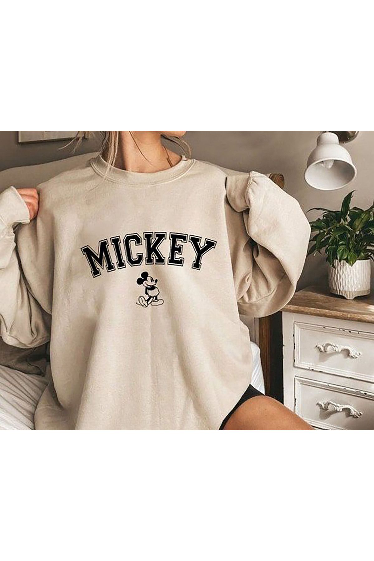 SUNFREE MICKEY BASKILIOVERSIZE BEJ PAMUKLU Bİ...