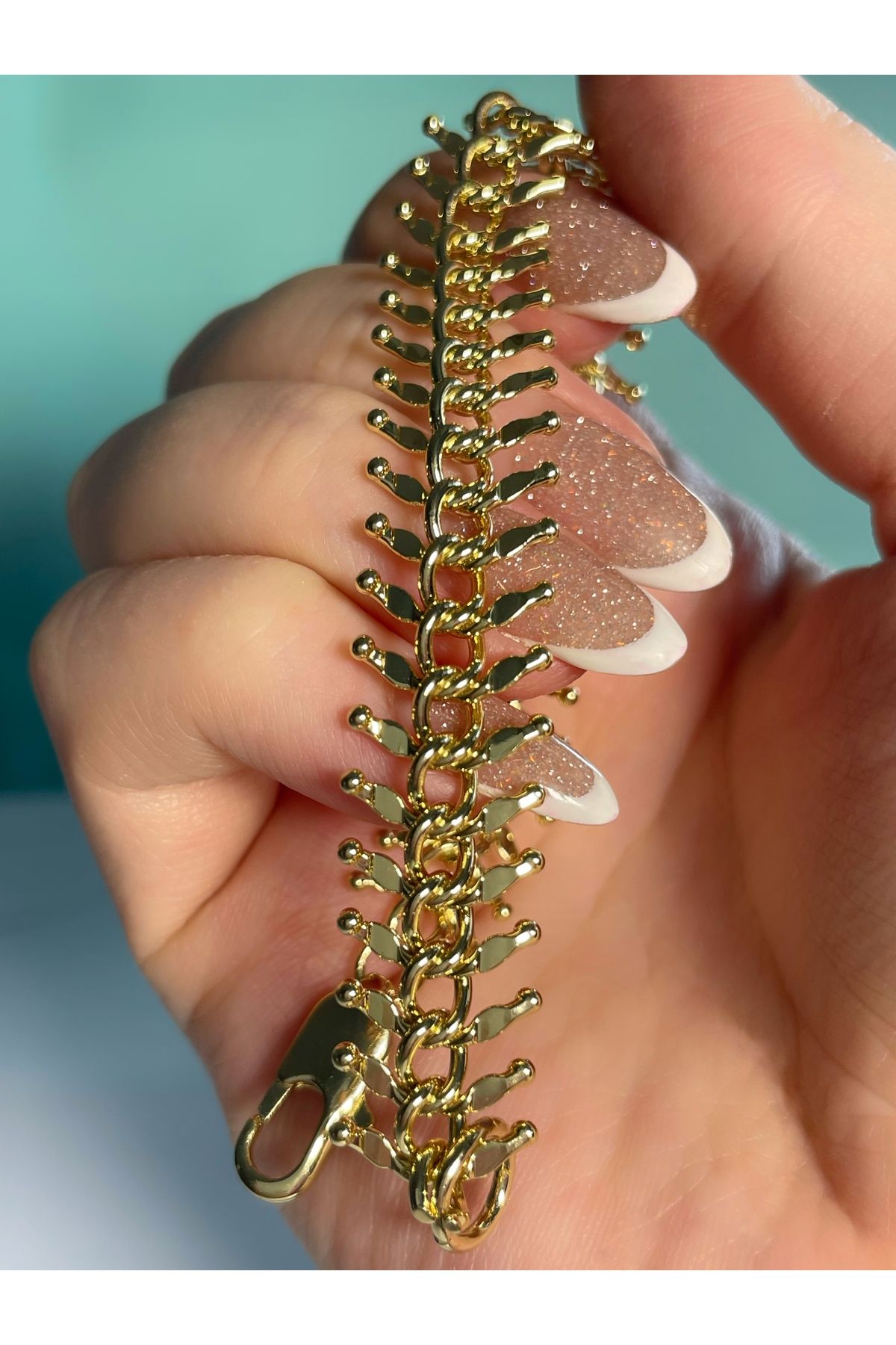 14K Altın Renk 18 cm Balık Kılçığı Zincir Kadın Unisex Xuping Fish Spine Bileklik